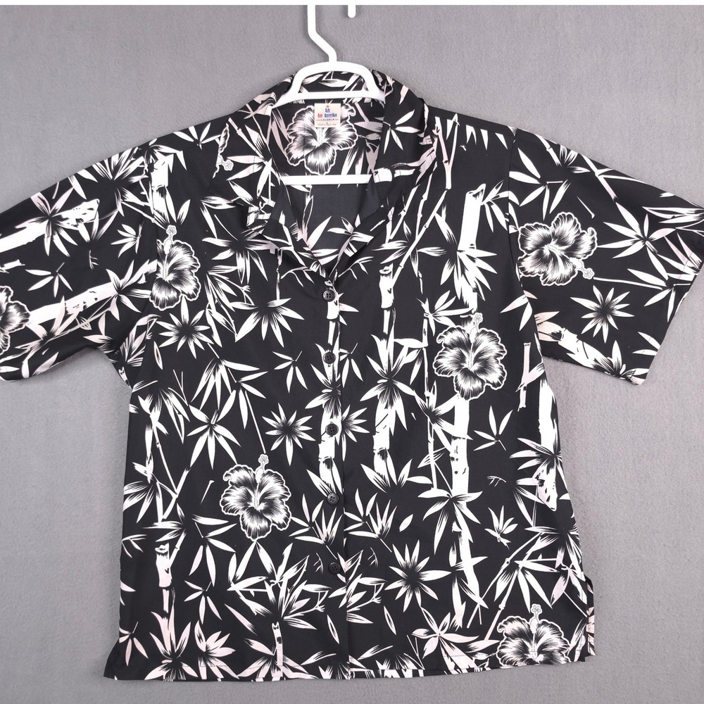 La Leela Mens Hawaiian Shirt Large Black White Hibiscus Bamboo Floral Aloha Top